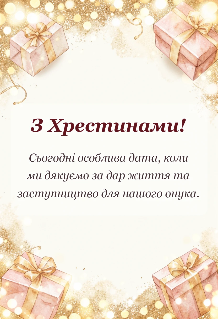 листівка з побажанням - привітання з хрестинами від бабусі своїми словами