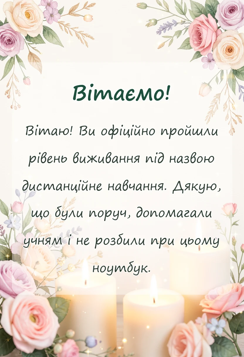 листівка з побажанням - щира подяка батькам та учням за дистанційне навчання