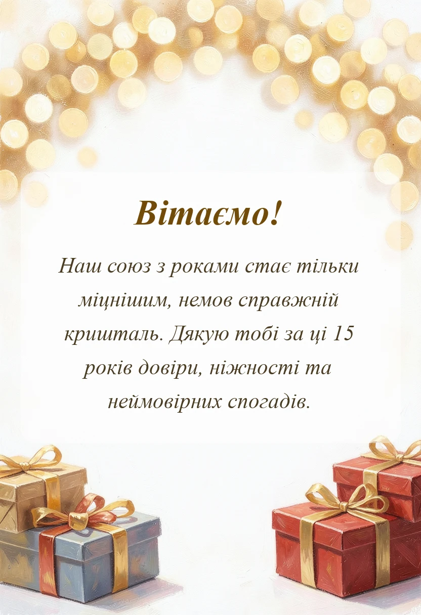 вітальна листівка - привітання чоловіку на кришталеве весілля своїми словами
