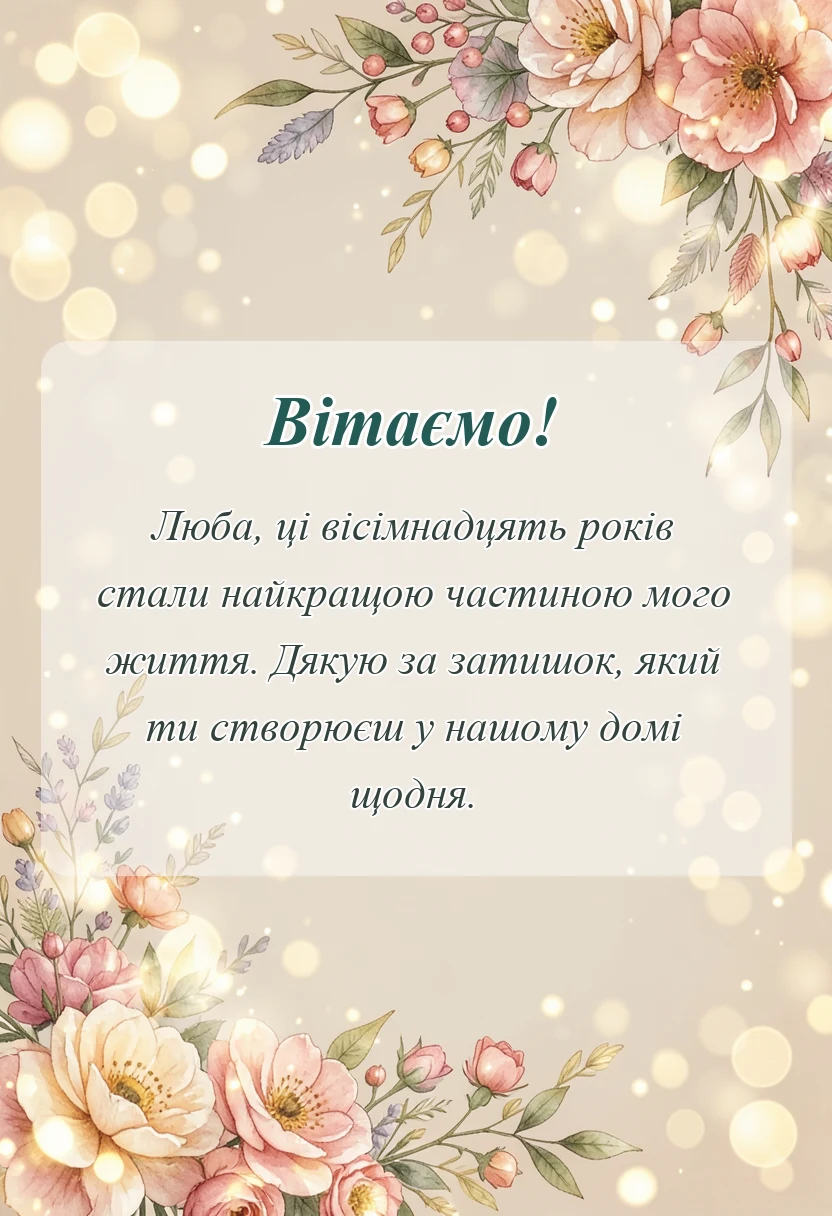 красива листівка: привітання з 18 роками весілля дружині