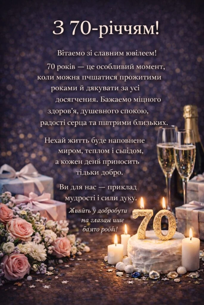 Привітання з 70-річчям чоловікові: торт із свічками у формі цифр.