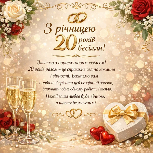 Порцелянова річниця весілля: квіти, шампанське та подарунок.