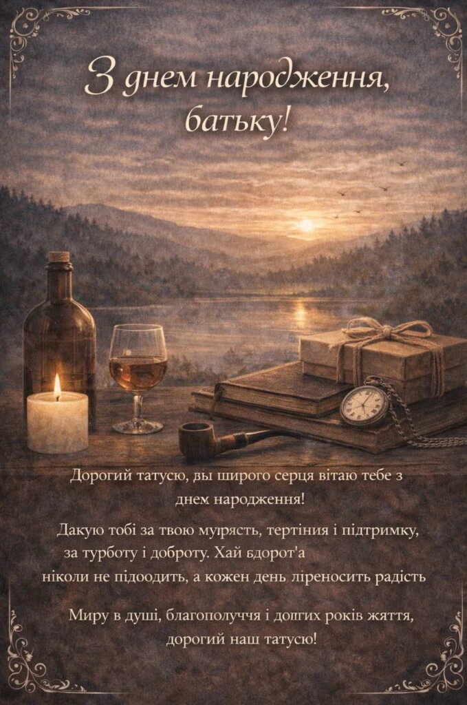Привітання з днем народження батькові: світанок над горами та подарунок.