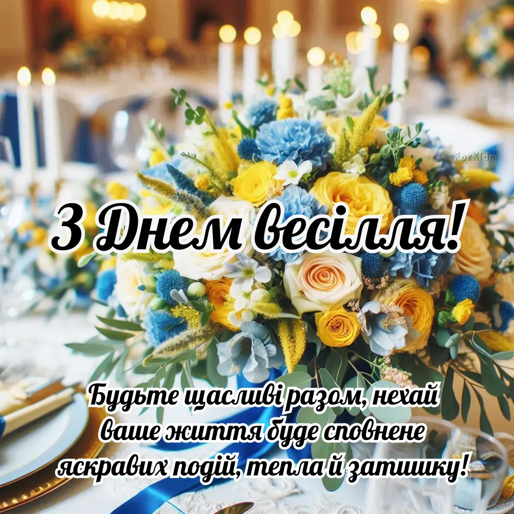 Квітковий букет на весільному столі з свічками.