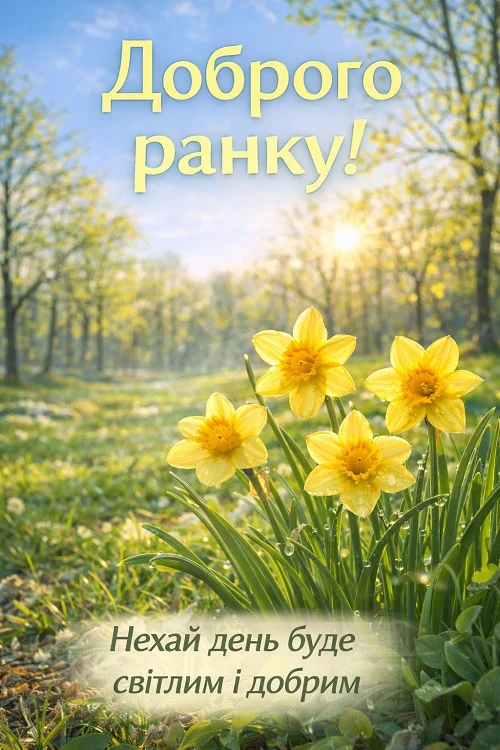 Жовті нарциси на сонячній доріжці в лісі з побажаннями доброго ранку українською.