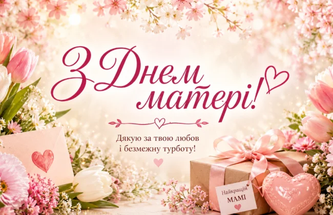 Картка з Днем матері: квіти та подарунок для мами.