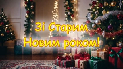 Новорічна вітальна картка з подарунками та ялинкою.