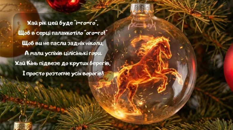 Новорічне привітання з конем у сніжинці та ялинкою