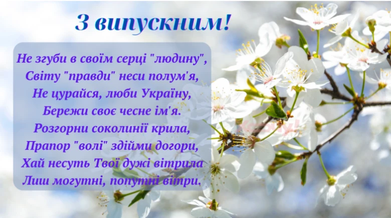 Білі квіти на гілці з побажаннями випускникам українською.