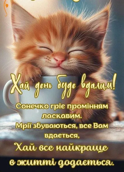 Миле котята в чашці з побажаннями доброго ранку.