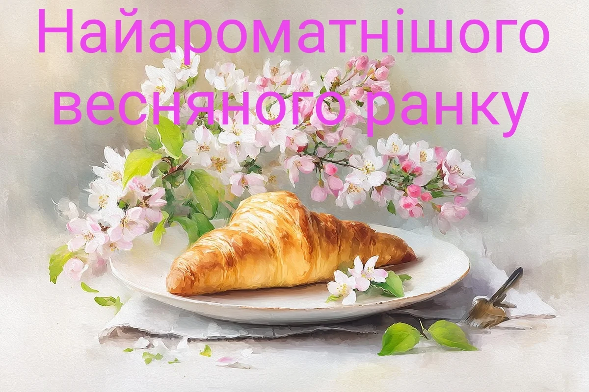 Золотистий круасан на тарілці серед квітів вишні
