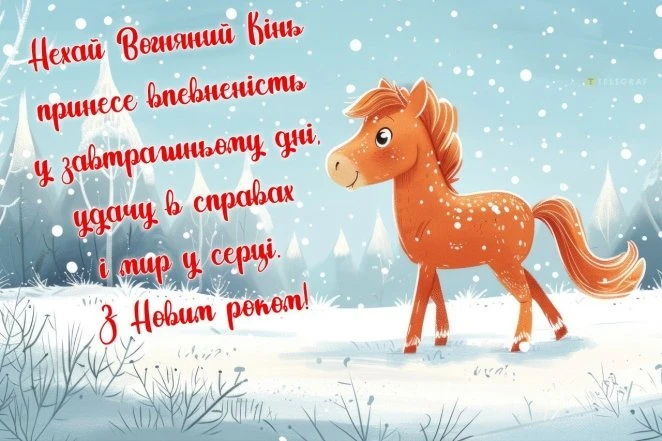 Картка з Новим роком: весела кінь у снігу.