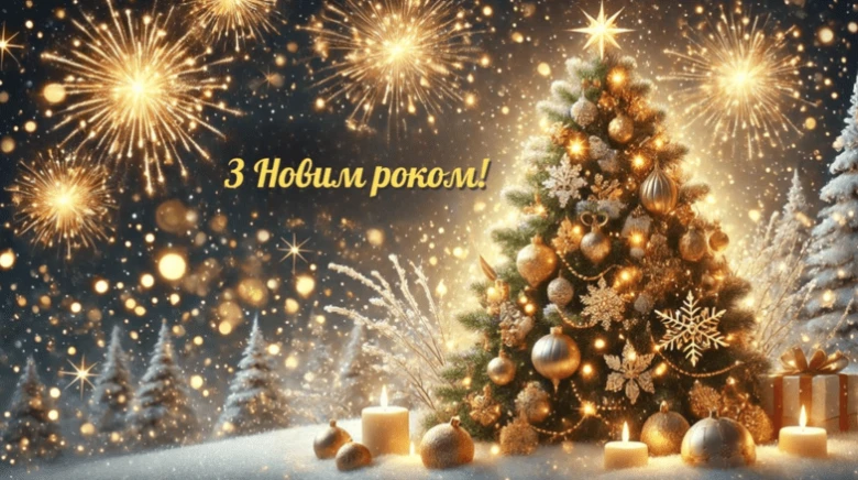 Золота ялинка під феєрверком з привітанням на Новий рік.