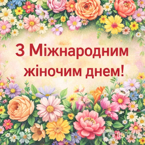 Квіти та привітання з Міжнародним жіночим днем українською.