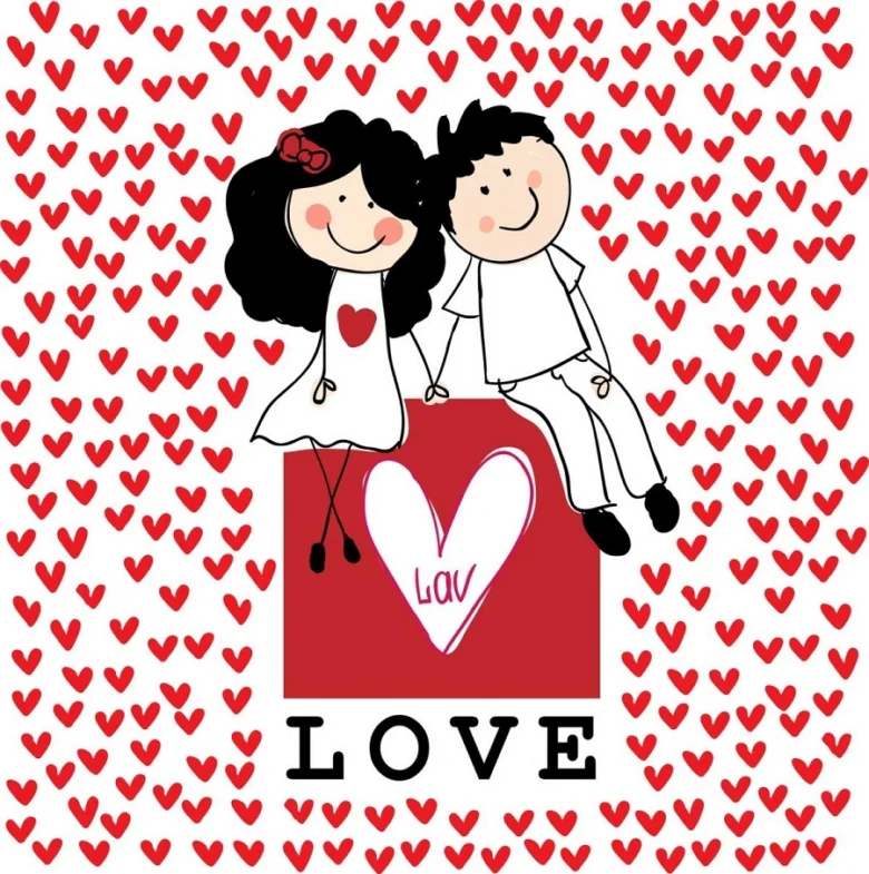 Мілка пара на червоному фоні з серцями та написом LOVE.
